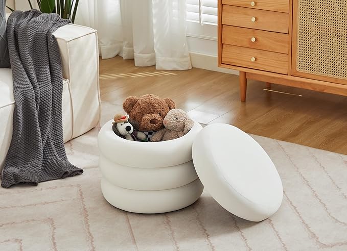 Flouki 20.1" Storage Ottoman Round, Vanity Stools for Bedroom, Entryway Ottoman for Console Table, Ottoman Stool for Girls Women, Foot Stool for Living Room, Set of 2, Velvet White