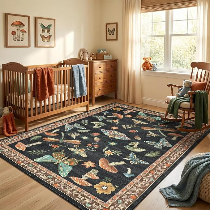 Mushroom Washable Rugs 5x7 for Living Room Low-Pile Whimsical Cottage Core Insect Bug Butterfly Funky Dark Gothic Decor for Bedroom Nursery Dining Room Black Brown