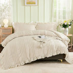 WONGS BEDDING Beige Textured Comforter Set King,3 Pieces Ruffle Farmhouse Shabby Chic Comforter for Queen Bed,Soft Seersucker Boho Bedding Set with 1 Ruffle Comforter,2 Tufted Pillowcases 104"×90"