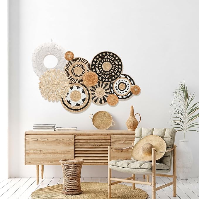 HJJWNDDNG 11 Pack Boho Wall Basket Decor Set, Hanging Woven Seagrass Rattan Wicker Boho Wall Decor, Round Farmhouse Wall Hanging Baskets Rustic Flat Wall Art for Living Room Bedroom Kitchen (Style 6)
