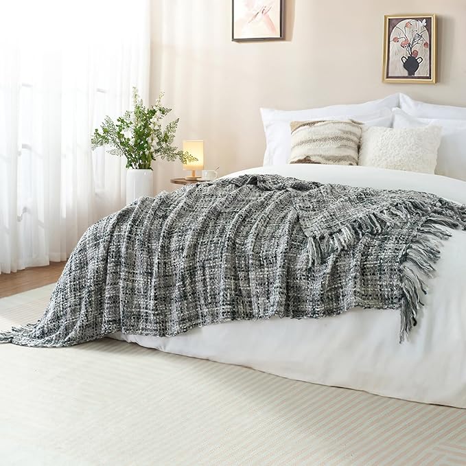 Multi-Color Grey Cable Woven Throw Blanket for Couch,60"X80" Boho Style Textured Blankets for Home Decor,Super Soft Warm Cozy Chunky Blanket with Decorative Tassels for Bed and Sofa