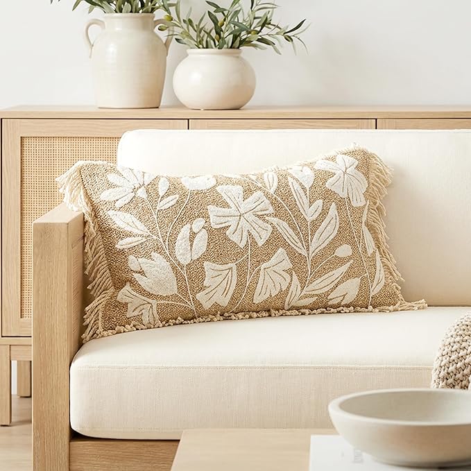 BlissBlush Jute Decorative Spring Accent Lumbar Throw Pillow Cover 12X20, Neutral Floral Farmhouse Textured Pillowcase for Couch Sofa Living Room,Outdoor Lounge(Cover Only)