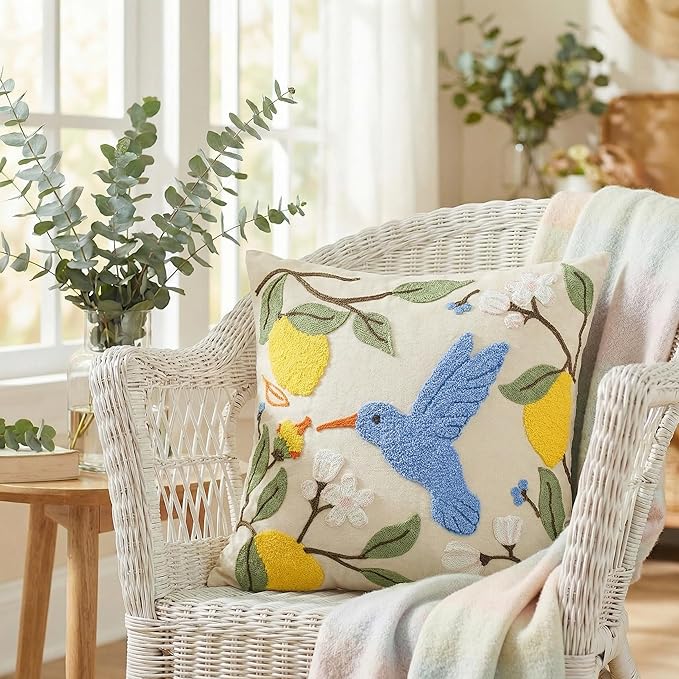 AVOIN colorlife Floral Lemon Hummingbird Embroidered Throw Pillow Cover, 18 x 18 Inch Holiday Flowers Spring Summer Decorative Tufted Patterned Linen Cushion Case for Sofa Couch