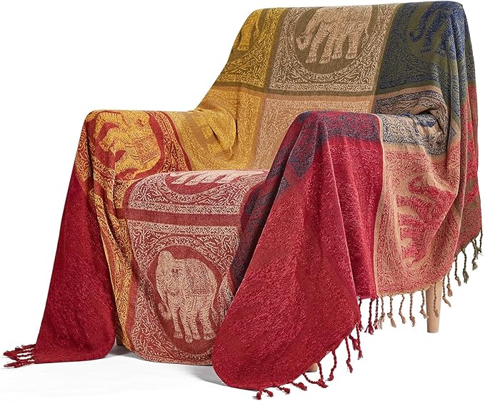 amorus Boho Sofa Cover, Chenille Jacquard Tassels Throw Blankets for Couch Bed, Decorative Sofa Slipcover Protector - Colorful Tribal Pattern (L,86 * 102inch)