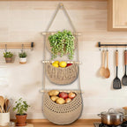 Halidali 3 Tier Hanging Fruit Baskets for Kitchen, Boho Cotton Rope Handwoven Vegetable Hammock Produce Storage Wall Mounted Large Organizing Basket for Farmhouse Decor, Onion, Potato (Linen)