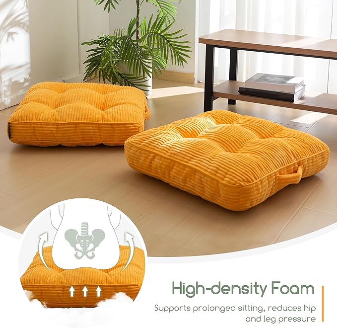 HIGOGOGO Floor Pillow Cushion for Adults, Meditation Cushion Pillow, Large Square Floor Sitting, Tufted Corduroy Cover, for Tatami Living Room or Yoga, 22x22 Inch, Orange
