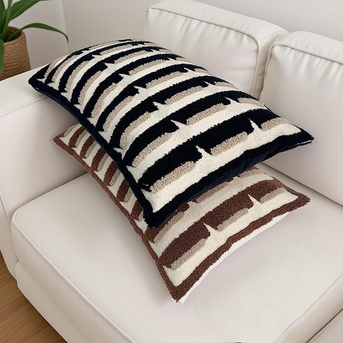 20"x20" Black Cream Stripe Tufted Pillow Covers Luxury Geometric Accent Pillows Soft Woven Decorative Pillow Cases for Couch, Sofa, Bedroom Décor (Black, 20"×12")