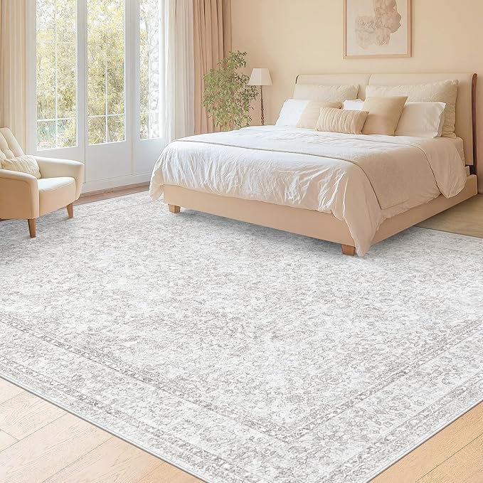9x12 Area Rugs for Living Room: Washable Large Vintage Floral Rug Low Pile Non-Slip Boho Carpet for Bedroom Home Office Dining Room (Floral Grey, 9'x12')