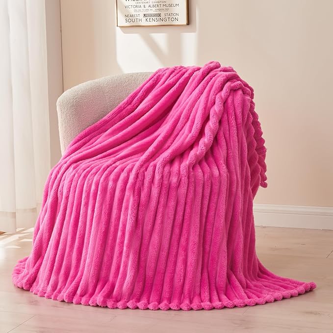 NEWCOSPLAY Super Soft Queen Blanket Hot Pink Premium Silky Flannel Fleece 3D Ribbed Jacquard Lightweight Bed Blanket All Season Use (Hot Pink Ribbed, Queen(90"x90"))