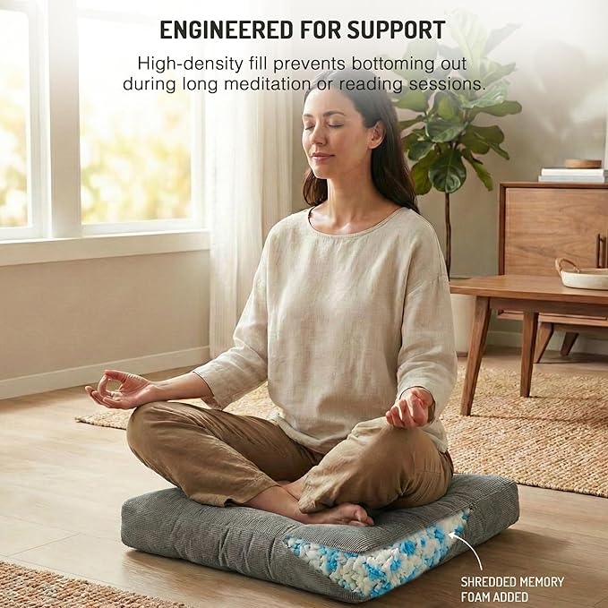 Meditation Floor Pillow Set of 2, Square Large Pillows Seating for Adults, Tufted Corduroy Cushion for Tatami Living Room, Grey, 22x22 Inch