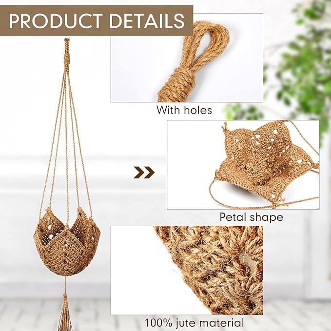 Shappy 2 Pack Jute Crochet Long Plant Hanger for 3 Inch to 12 Inch Pots, Macrame Plant Holder Rope with S Shaped Hooks for Halloween Home Decor (Brown)