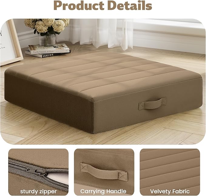 MeMoreCool Square Floor Pillows for Adults Kids, 2 Sets Large Meditation Cushion with 5" Thick Foam and Washable Tufted Cover, 22 Inch Coffee Seat Floor Cushions for Sitting and Yoga