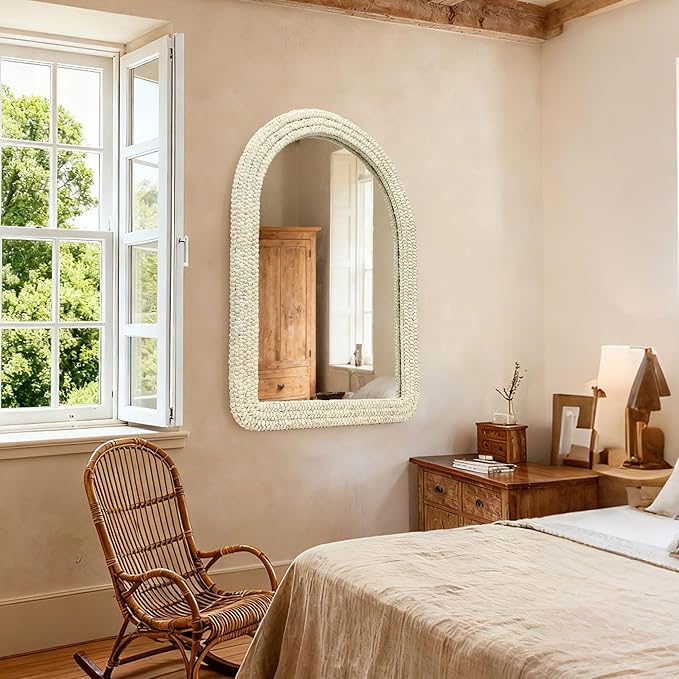 30" x 40" Arched Wall Mirror, Handwoven Natural Corn Husk Fiber with Light Whitewashed Finish, Warm Boho Coastal Style for Entryway, Bedroom, Living Room, Vertical Hanging