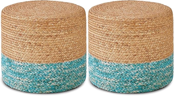 Wimarsbon 2Pcs Pouf Ottomans, Natural Seagrass Foot Stool, Hand Weaving Round Ottoman, Boho Decorative Seat, Jute Braided Pouffe Poof Accent Sitting Footrest for Living Room (18inch 68LK)