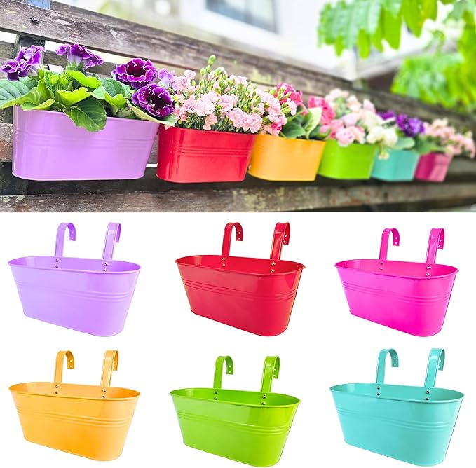 LaLaGreen Outdoor Hanging Planter (11.2 Inch, 6 Pack) Light Purple, Green, Yellow, Cadet Blue, Dark Pink, Red Metal Iron Window Box Flower Pot Deck Railings Balcony Fence Rail Porch Home Garden Decor