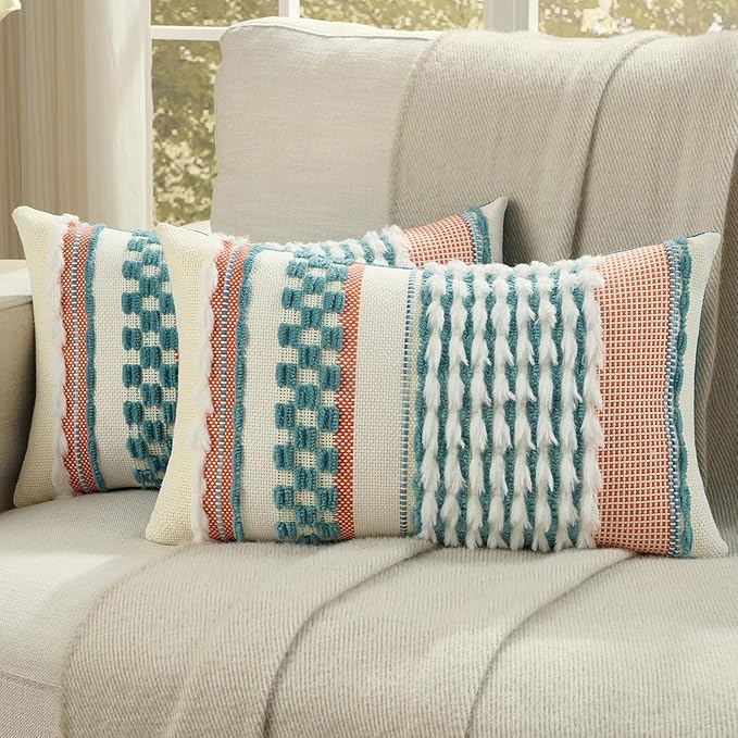 FUTEI Teal Accent Throw Pillow Covers Set of 2, 12x20 Inch Plush Tufted Striped Textured Decorative Pillow Cases for Farmhouse Boho Couch Decor