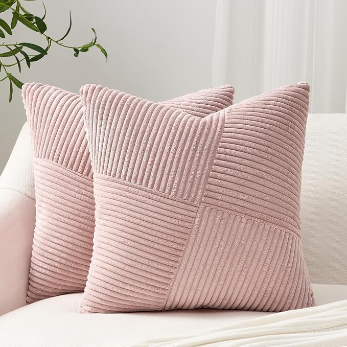 Topfinel Set of 2 Pink Decorative Yellow Throw Pillow Covers 12x12 Inch, Soft Corduroy Pillow Covers Windmill Textured Striped Patchwork Cushion Cases for Couch Sofa Bed Cute Aesthetic Home Decor
