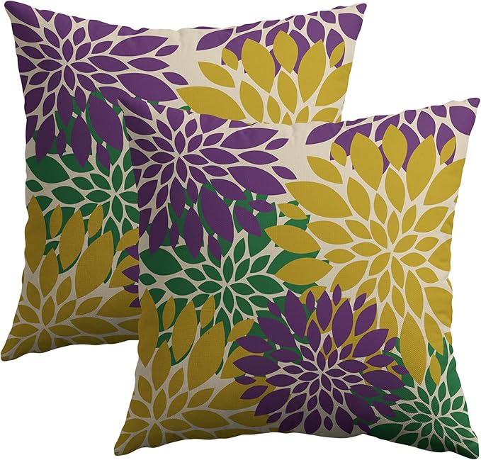 Mardi Gras Pillow Covers 18x18 18X18 Inch Set of 2, Purple Yellow Green Flower Holiday Dahlia Floral Print Decorative Throw Pillow Covers Outdoor Farmhouse Cushion Case for Couch Sofa Bed Decor