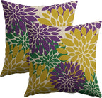 Mardi Gras Pillow Covers 18x18 18X18 Inch Set of 2, Purple Yellow Green Flower Holiday Dahlia Floral Print Decorative Throw Pillow Covers Outdoor Farmhouse Cushion Case for Couch Sofa Bed Decor