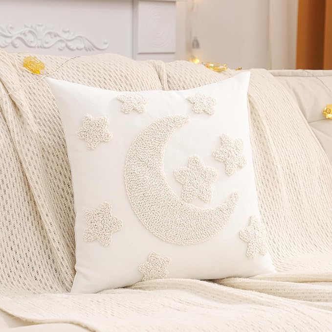 Tosleo Ramadan Pillow Covers 18x18 inch Set of 2 Beige Tufted Embroidery Throw Pillow Covers Ramadan Eid Mubarak Cushion Covers Moon and Star Decorations for Home Couch Sofa Outdoor