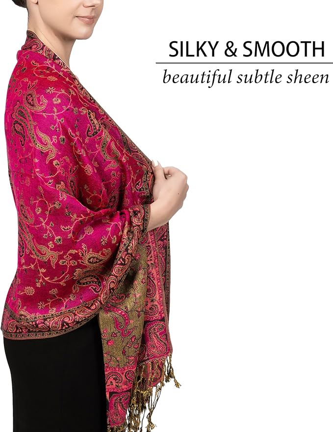Achillea Reversible Paisley Pashmina Rave Scarf – Exotic Indian Shawls and Wraps for Evening Dresses, Festivals, All Seasons