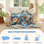 Boho Throw Blanket - 100% Cotton Ultra Soft Muslin Spring Blanket, 50"x60" Lightweight Floral Bird Framhouse Bedding Blanket for Bed, All Season Blue Bohemian Bedroom Home Decor Quilt