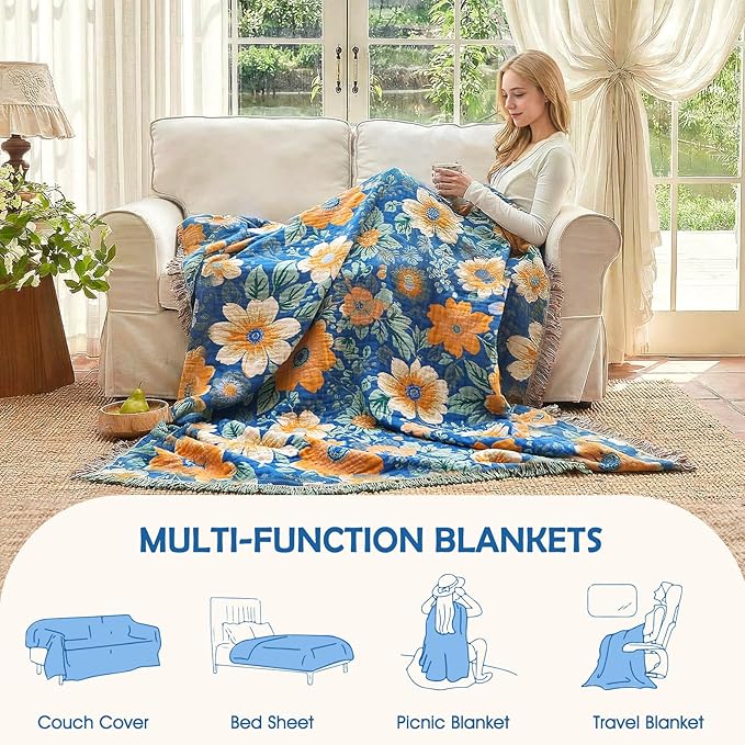 Boho Throw Blanket - 100% Cotton Ultra Soft Muslin Spring Blanket, 60"x80" Lightweight Floral Bird Framhouse Bedding Blanket for Bed, All Season Blue Bohemian Bedroom Home Decor Quilt