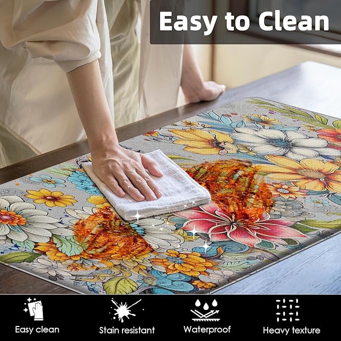 Arttown Boho Anti-Fatigue Kitchen Rug Set of 2 Colorful Floral Mandala Cushioned Floor Standing Mat Waterproof Non-Slip Mat and PVC Ergonomic Comfort Foam Rug