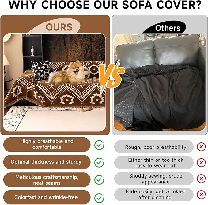 VClife Boho Couch Cover - Brown White Tribal Geometric Pattern Sofa Cover for 3 Cushion Couch Sofa Anti-Slip Washable Couch Cushion Cover, Diamond Zigzag Futon Sofa Protector for Living Room Decor