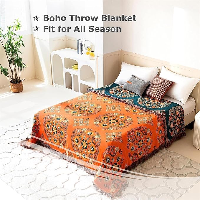 Boho Throw Blanket for Bed 100% Cotton Soft Lightweight Quilt Floral Embroidery Home Decor Spring Breathable Orange Bed Blankets,90"x98" All Season Reversible Blankets for Sofa Couch Chair