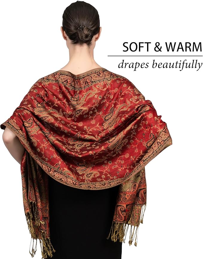 Achillea Reversible Paisley Pashmina Rave Scarf – Exotic Indian Shawls and Wraps for Evening Dresses, Festivals, All Seasons