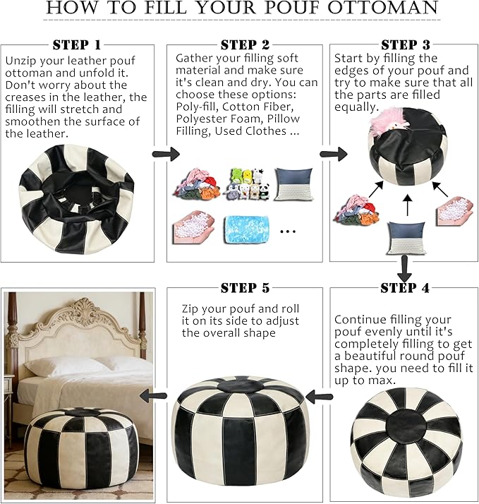 Thgonwid Unstuffed Moroccan Ottoman Pouf Cover, Ottoman Footstool Storage Solution, Bean Bag Chair, Foot Rest, Multi-Black&White