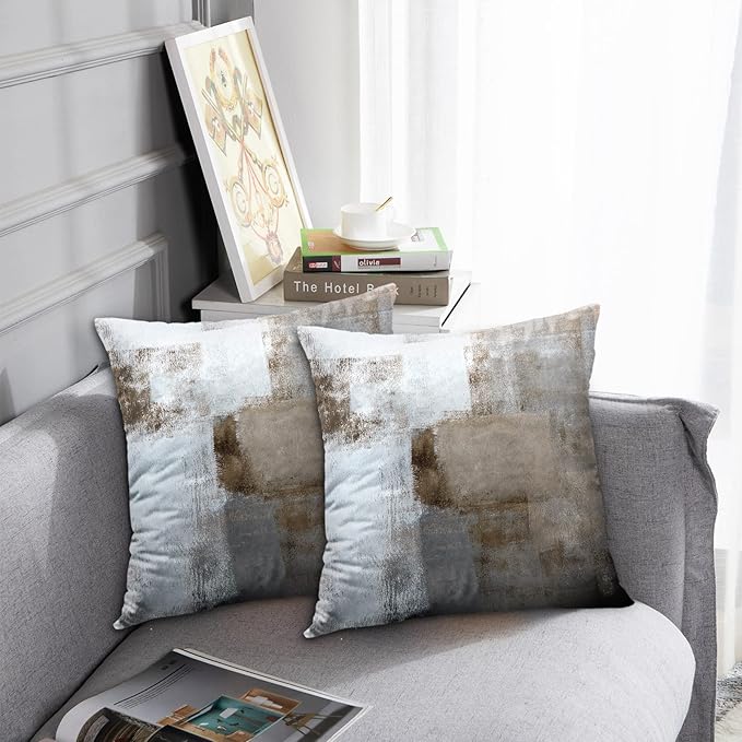 Britimes Throw Pillow Covers Modern Home Art Decor, 18 x 18 Inches Set of 2 Abstract Oil Painting Pillowcases for Bedroom, Living Room, Cushion Couch Sofa, Beige Home Grey Brown