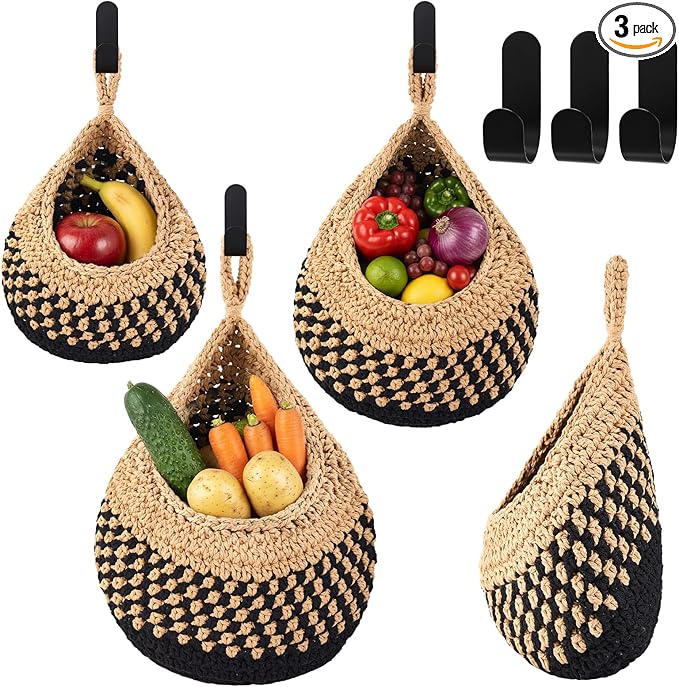 Honeydak Boho Decor Hanging Wall Baskets for Kitchen 3 Pack Teardrop Baskets with Hooks Storage Fruit Onion Vegetable Potato for Home 3 Sizes(Linen with Black,Teardrop,Cotton Rope)