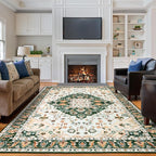 Amearea Vintage Design Area Rugs for Living Room, 6x9 Machine Washable Floral Collection Traditional Bedroom Rug, Low Pile Cute Kids Room Print Carpet, No Slip Office Kitchen Home Decor, Green