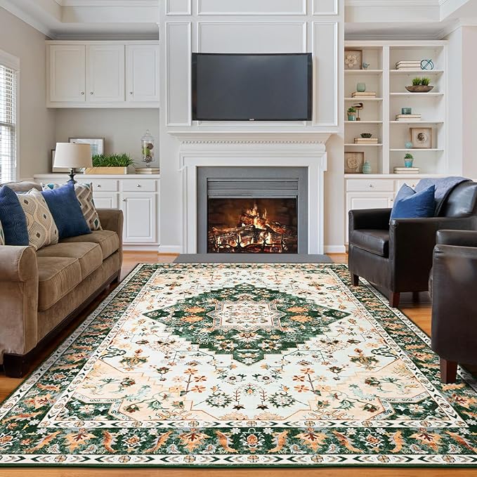Amearea Vintage Design Area Rugs for Living Room, 4x6 Machine Washable Floral Collection Traditional Bedroom Rug, Low Pile Cute Kids Room Print Carpet, No Slip Office Kitchen Home Decor, Green