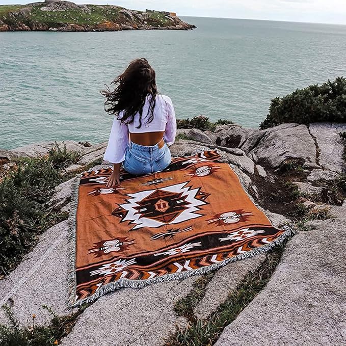 Aztec Throw Blanket Native American Blanket Southwestern Boho Decor Reversible Woven Tassels Mexican Blankets and Throws for Couch Bed Chair Wall Tapestry Livingroom Outdoor Beach Brown 51"x63"