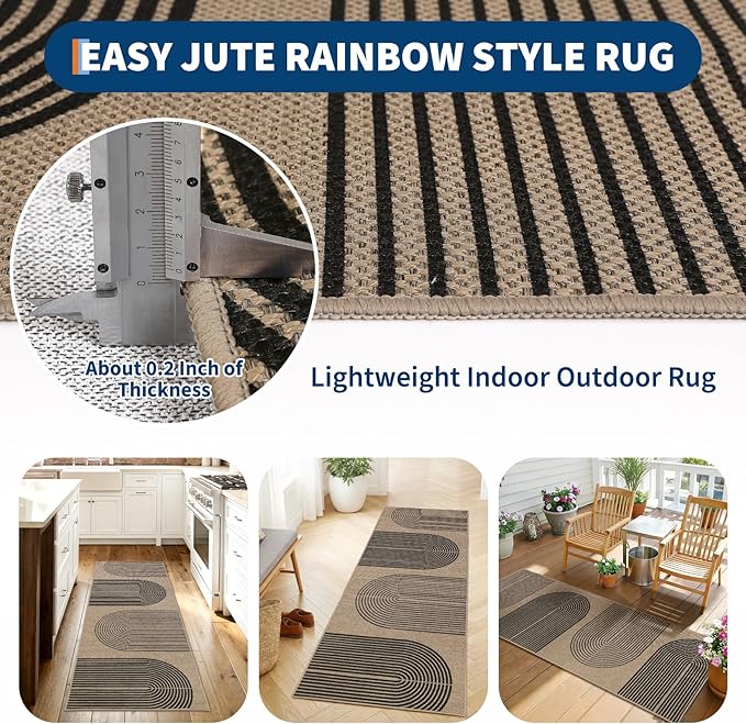 GarveeHome Modern Rainbow Easy Jute Runner Rug, 2x6 Runner Rug for Hallways - Non-Slip Indoor Outdoor Carpet, Washable for High Traffic Laundry Room, Kitchen, Entryway