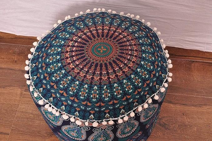 Indian Mandala Round Ottoman Pouf Cover Bohemian Floor Pillow Hippie Cotton Meditation Cushion Cover Seating Throw Decorative Footstool Kids Bean Bag Case