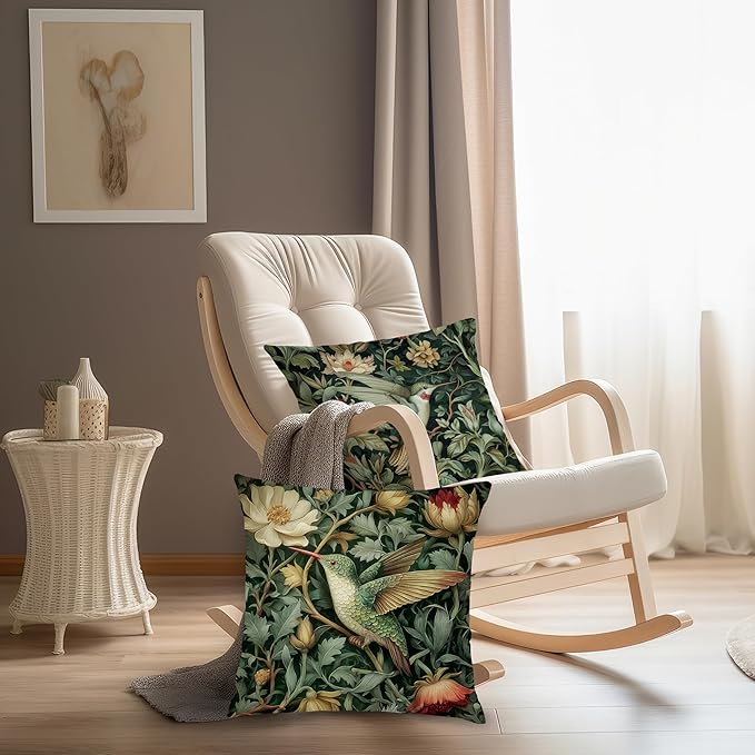 Vintage William Morris Hummingbird Pillow Cover 18x18 Set of 2,Rustic Green Hummingbird Bird Animal Floral Botanical Print Decorative Throw Pillow Covers for Home Bedroom Living Room