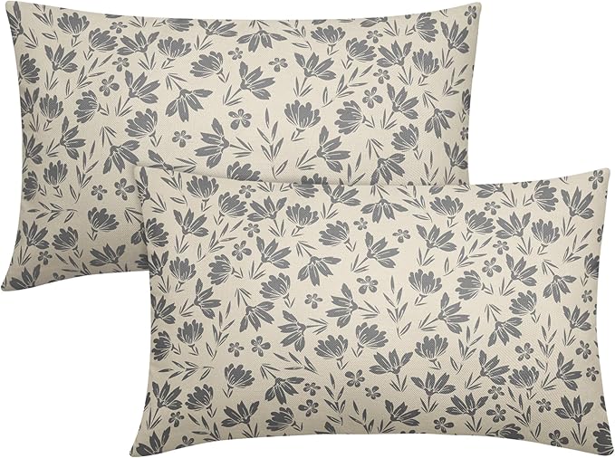 Grey Floral Pillow Covers 12x20 Set of 2 Vintage Rustic Old Style Cute Small Flower Gray Cream Print Rectangle Decorative Outdoor Pillowcases Fall Farmhouse Throw Cushion Case Couch Sofa Bed Decor