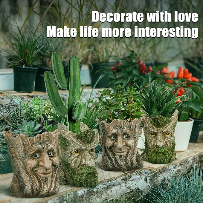 Face Planter - Unique Old Man Tree Face Planters for Outdoor Indoor Plants with Drainage Hole, Funny Plant Pots for Succulents - Creative Flower Pots as Gifts for Women and Men (Green Man)