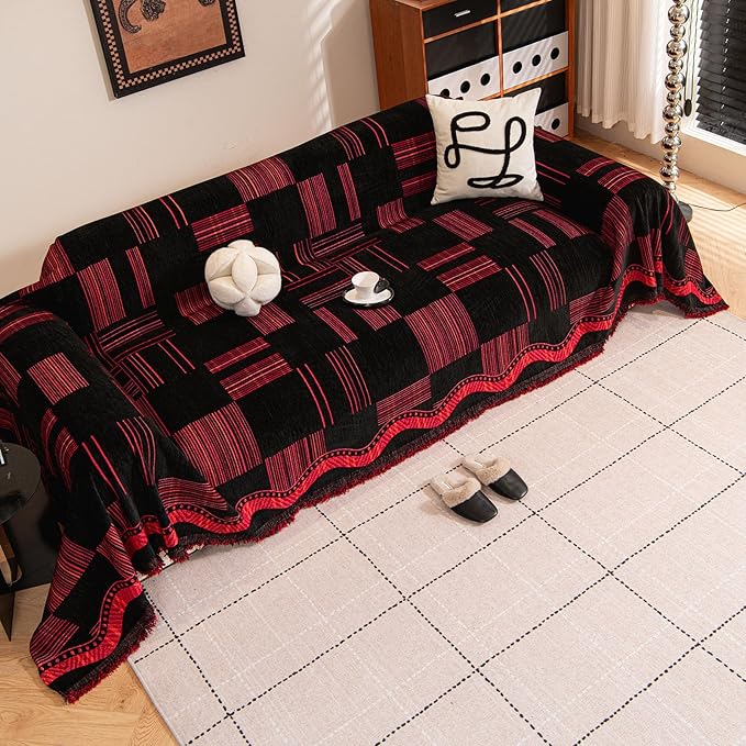 ROOMLIFE Black-Red Couch Cover Sofa Covers, Chenille Couches Covers for 3 Cushion Sofas, Non Slip Soft Breathable Sofa Slipcovers for Pet, Washable Furniture Protector with Tassel,71''X134”