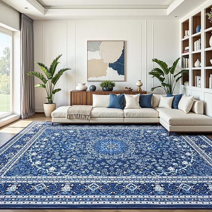 Lofus 9x12 Area Rugs for Living Room, Machine Washable Non-Slip Area Rug, Low Pile Large Rugs for Bedroom, Kitchen, Dining Room, Home Office, Vintage Oriental Print Rug, Dark Blue with White