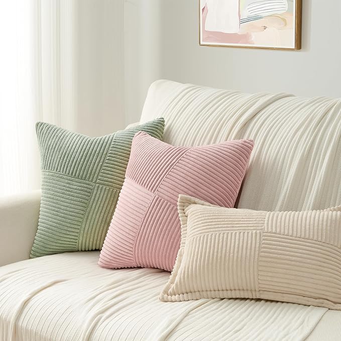 Topfinel Decorative SageGreen Throw Pillow Covers 22x22 Inch, Soft Corduroy Pillow Covers Textured Striped Patchwork Cushion Cases for Couch Sofa Bed Cute Autumn Home Decor 2 Packs