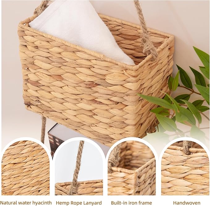 YAHUAN Water Hyacinth Hanging Basket 2-Tiered Woven Wicker Wall Basket Organizer for Kitchen, Home, Door, Indoor/Outdoor Bohemian Décor (Water Hyacinth)