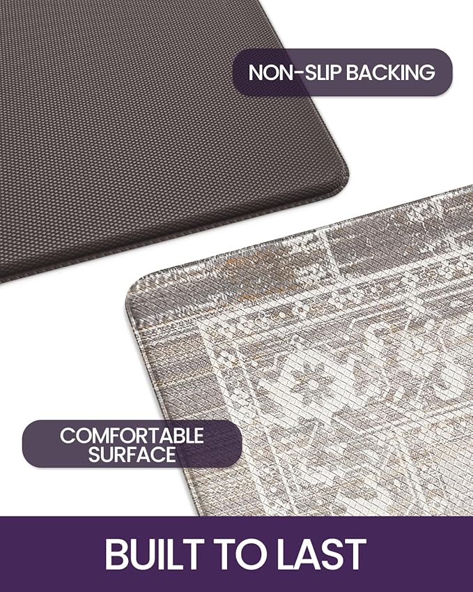 DEXI Kitchen Floor Mats Cushioned Anti Fatigue, 23x86 Long Wide Standing Comfort Runner Rug, Waterproof Retro Floral Memory Foam Padded for Front Sink Laundry, Beige Grey