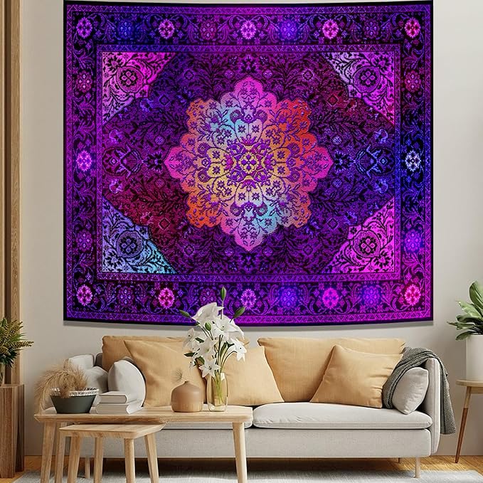 Apdidl Blacklight Boho Mandala Hippie Wall Tapestry for Bedroom, Glow in The Dark Neon Indian Bohemian Floral Tapestries Blanket Art Decor, UV Reactive Purple Wall Hanging for Living Room Dorm 51" X 60"
