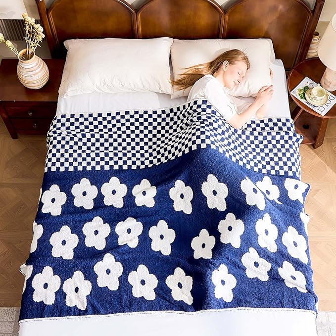 Checkered Throw Blanket, Navy Blue Flower Blanket for Couch, 50"x60" Soft Plaid Knit Blanket for Home Decor, Reversible Checkerered Blankets for Sofa, Chair, Bed