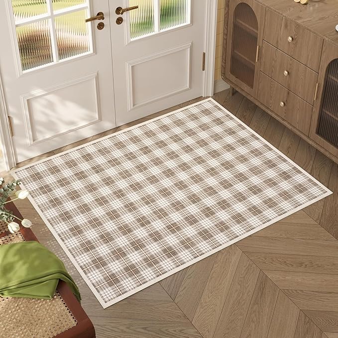 GarveeHome Checkered Rugs 2x3, Machine Washable Entryway Rug with Non Slip Backing, Stain Resistant Low-Pile Doormat for Indoor Outdoor Hallways Kitchen Bathroom Bedroom Beige